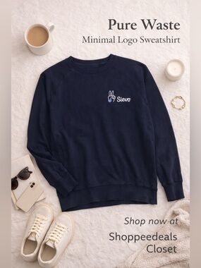 Pure Waste Navy Crewneck Sweatshirt Sievo Logo Minimalist Streetwear